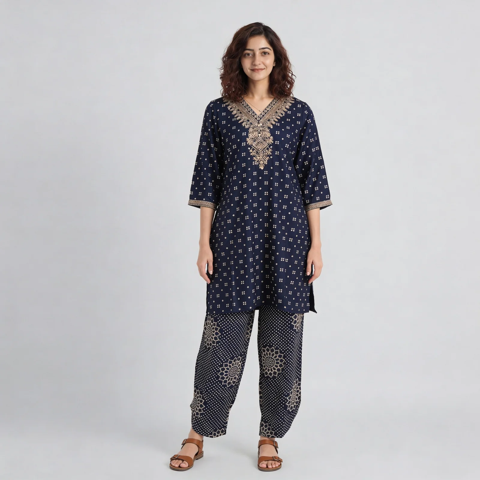 V-Neck Printed Straight Kurta - Image 2