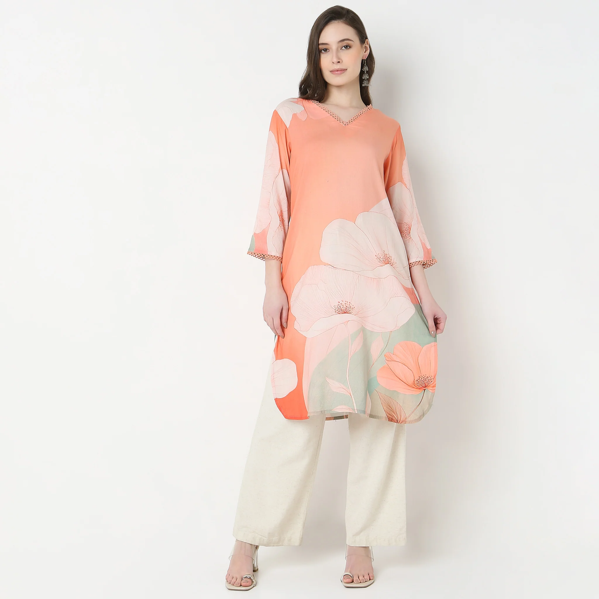 V-Neck Printed Straight Kurta - Image 2