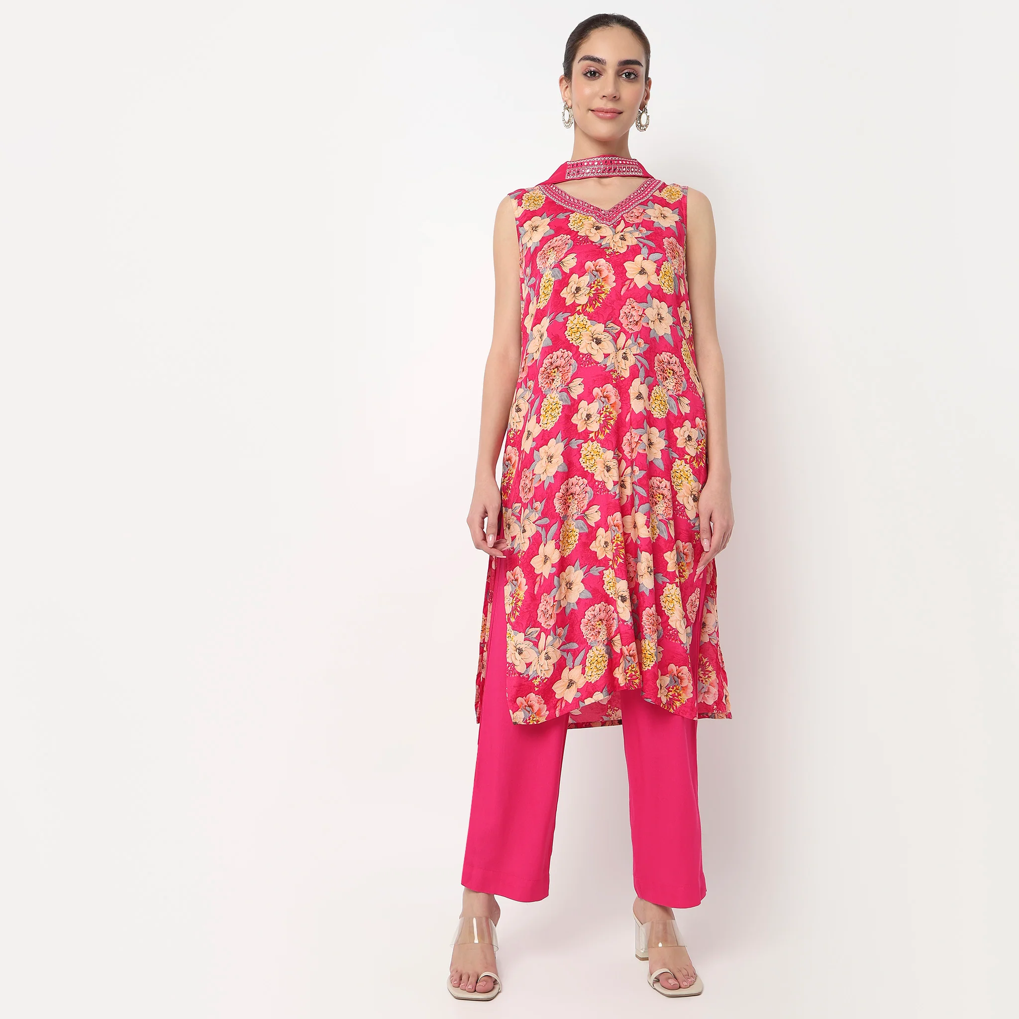 V-Neck Printed Straight Kurta with Pant & with Dupatta Set - Image 2