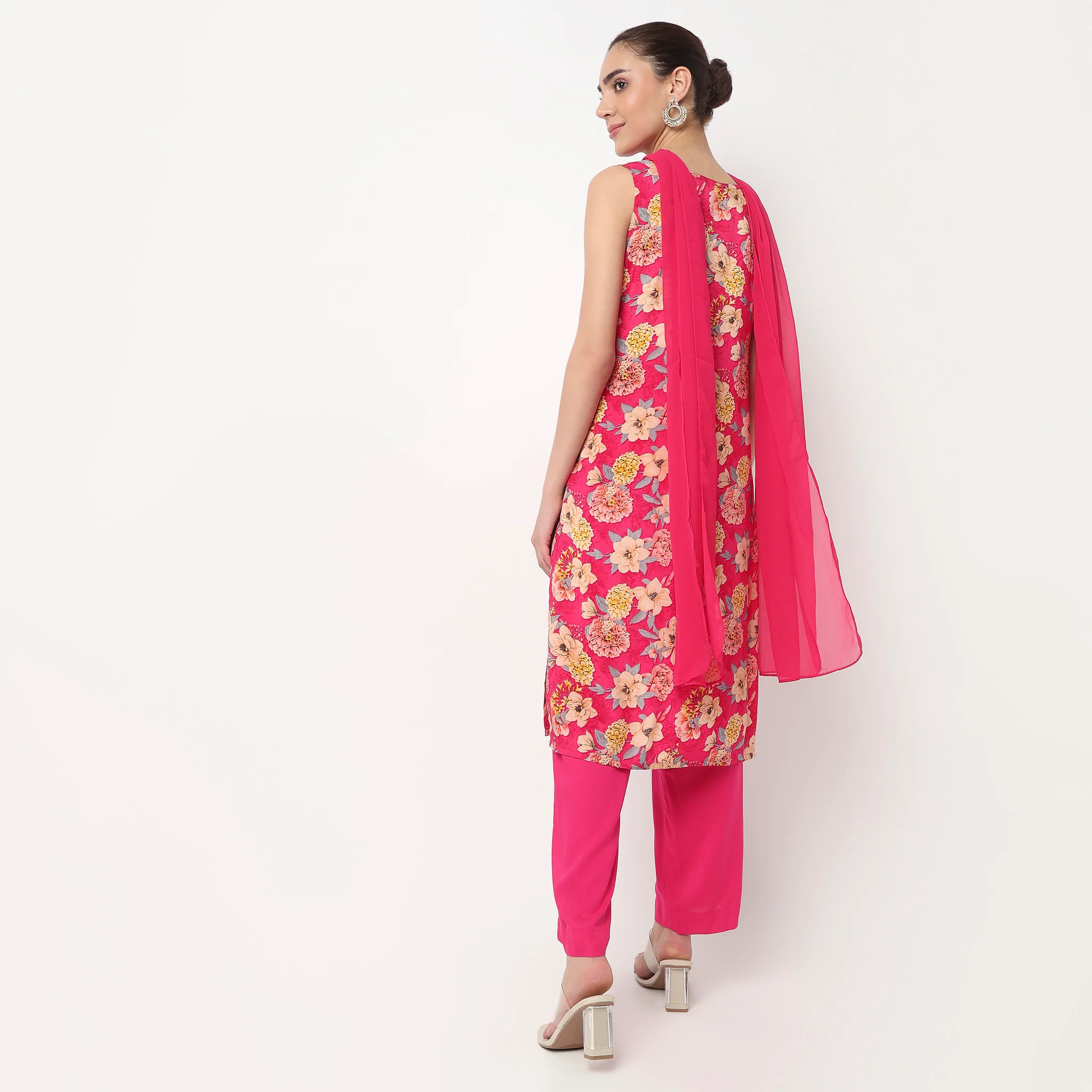 V-Neck Printed Straight Kurta with Pant & with Dupatta Set - Image 3