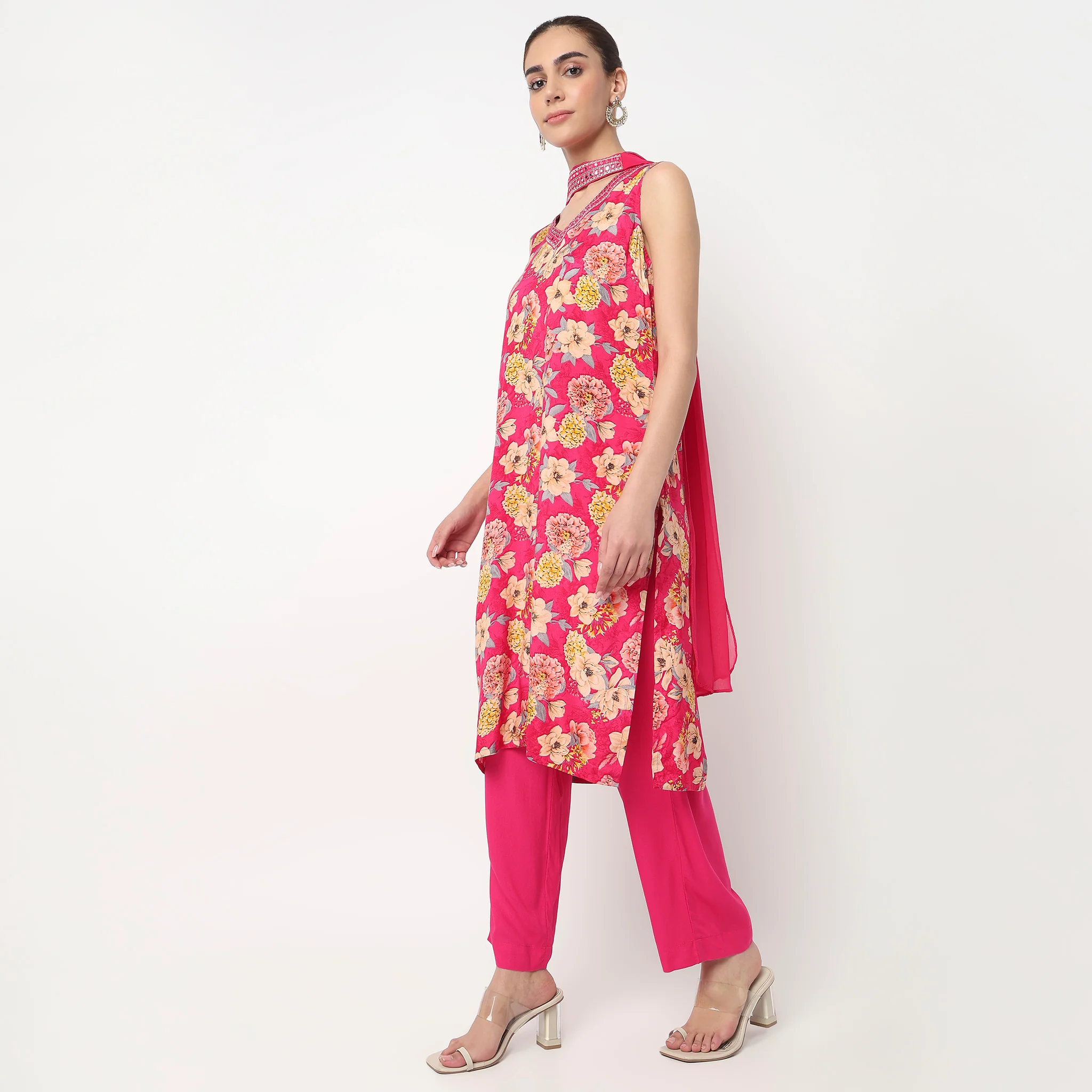 V-Neck Printed Straight Kurta with Pant & with Dupatta Set - Image 5