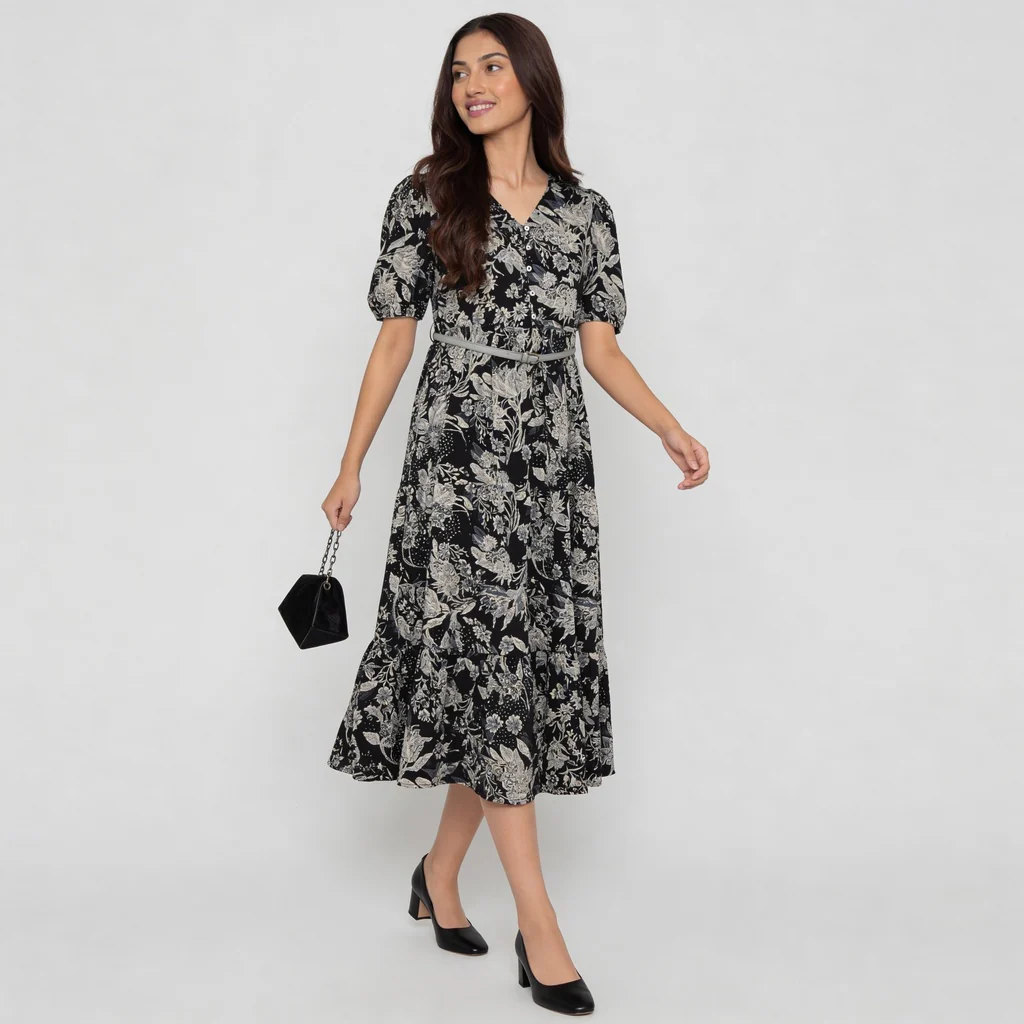 V-Neck Printed Tiered Dress - Image 6