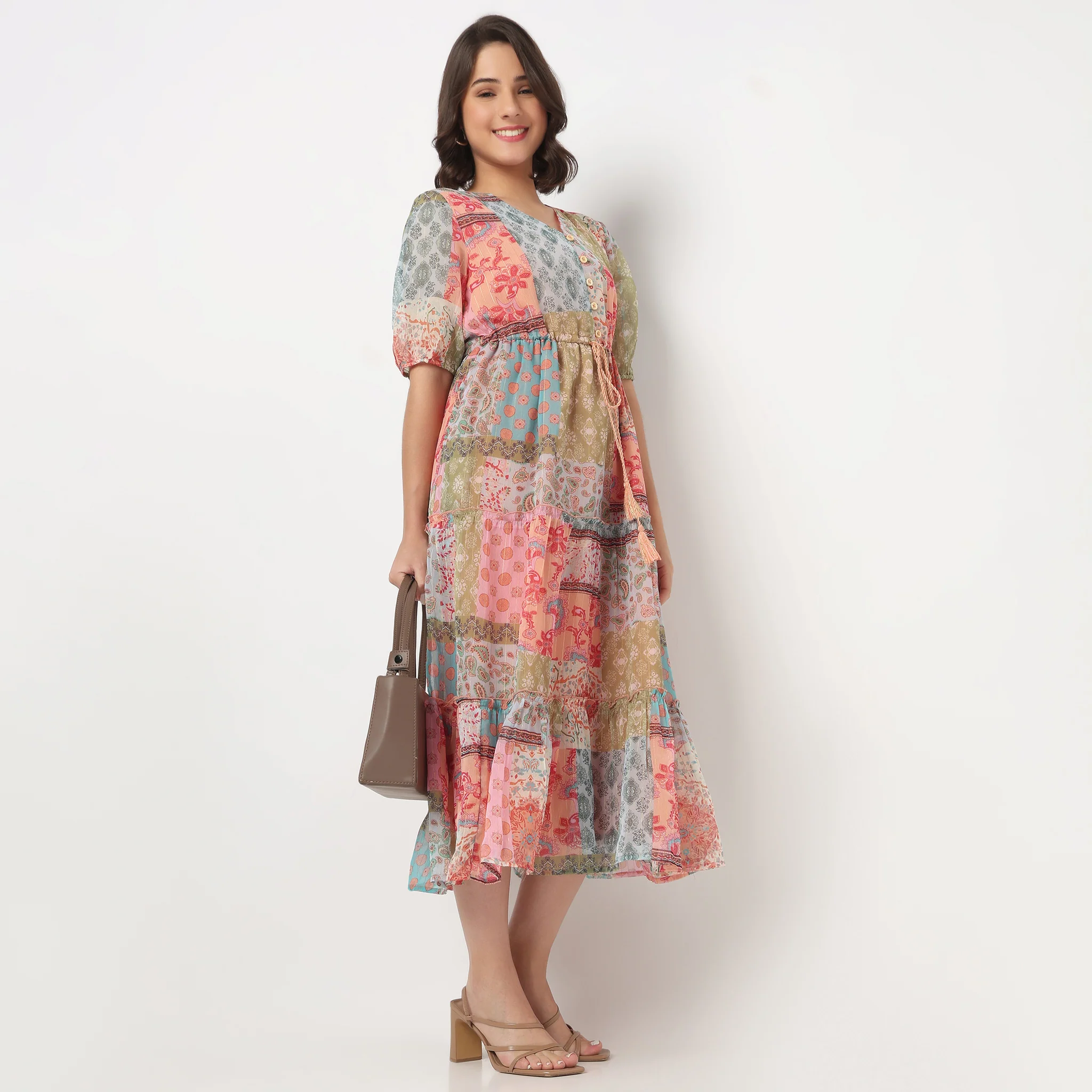 V-Neck Printed Tiered Dress