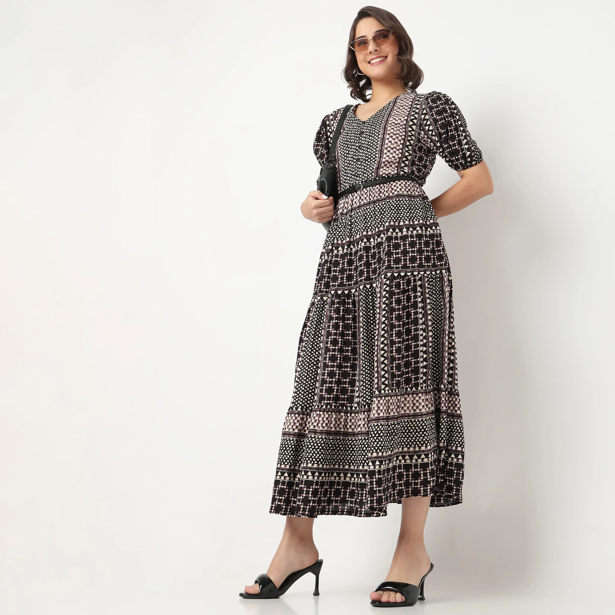 V-Neck Printed Tiered Dress