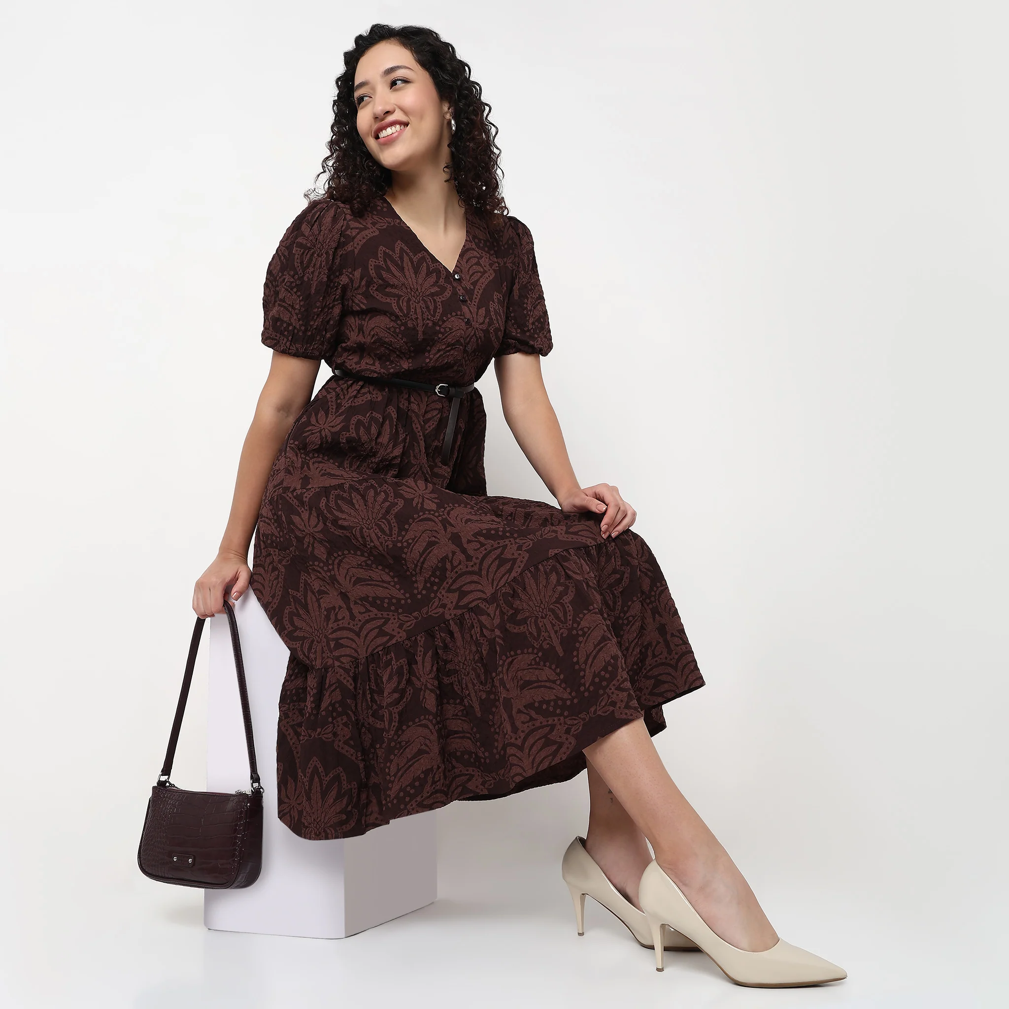 V-Neck Tiered Printed Dress