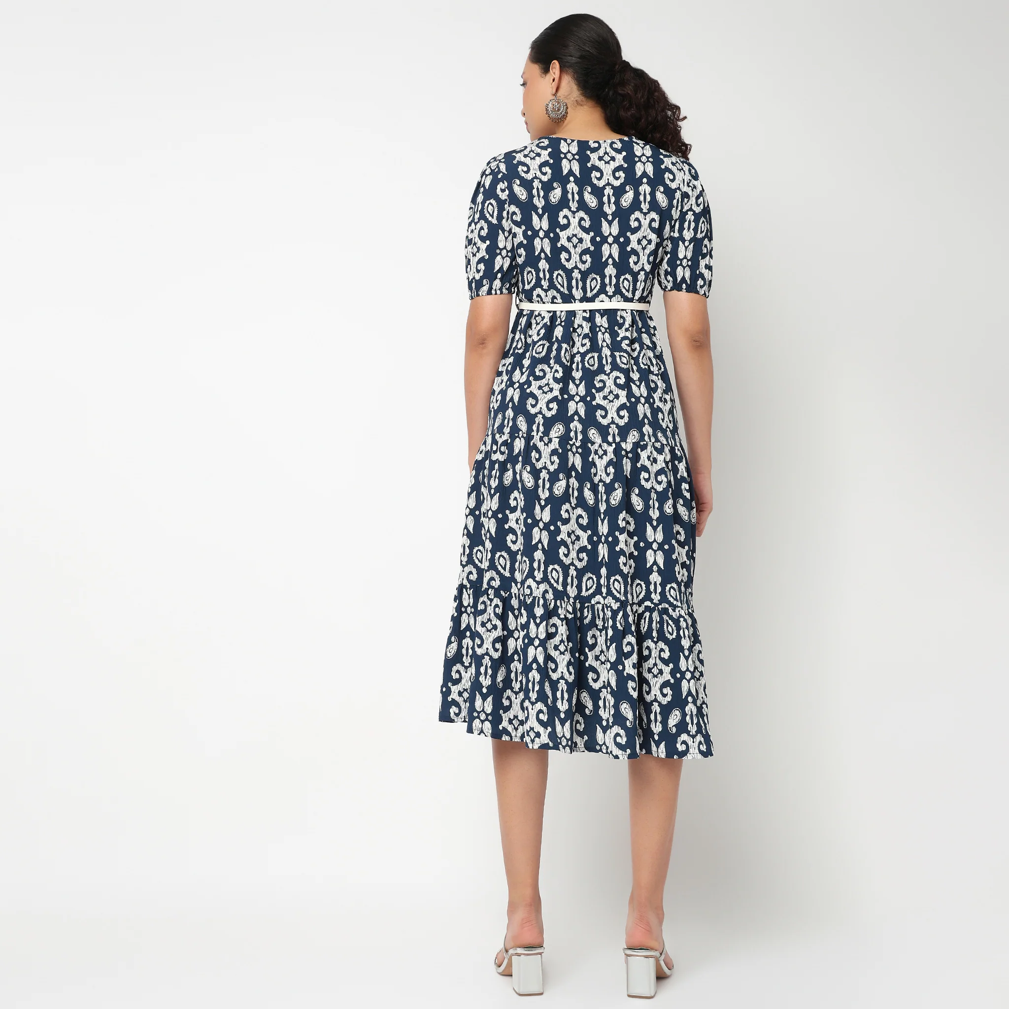 V Neck Tiered Dress with Belt - Image 3