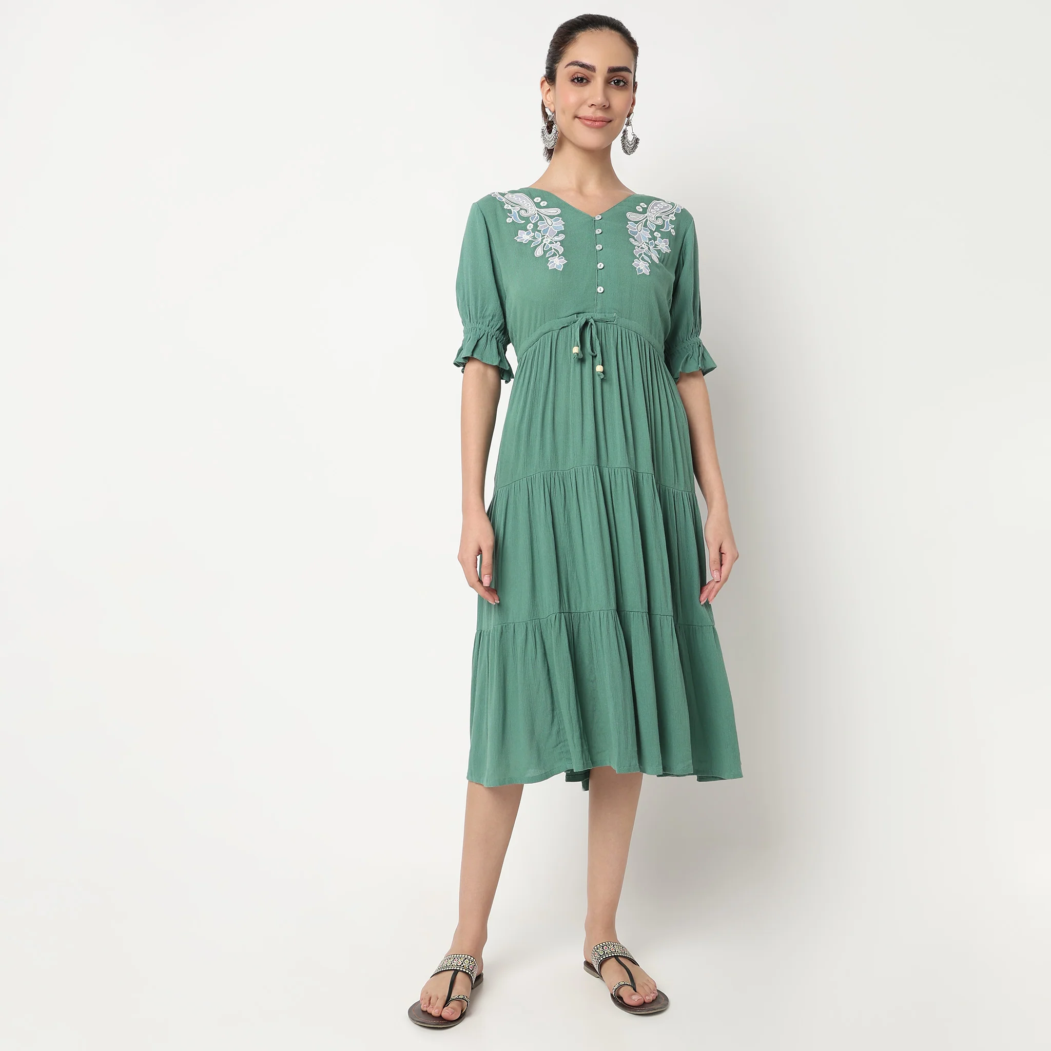 V-Neck Tiered Dress With Elbow Length Elasticated Sleeves - Image 2
