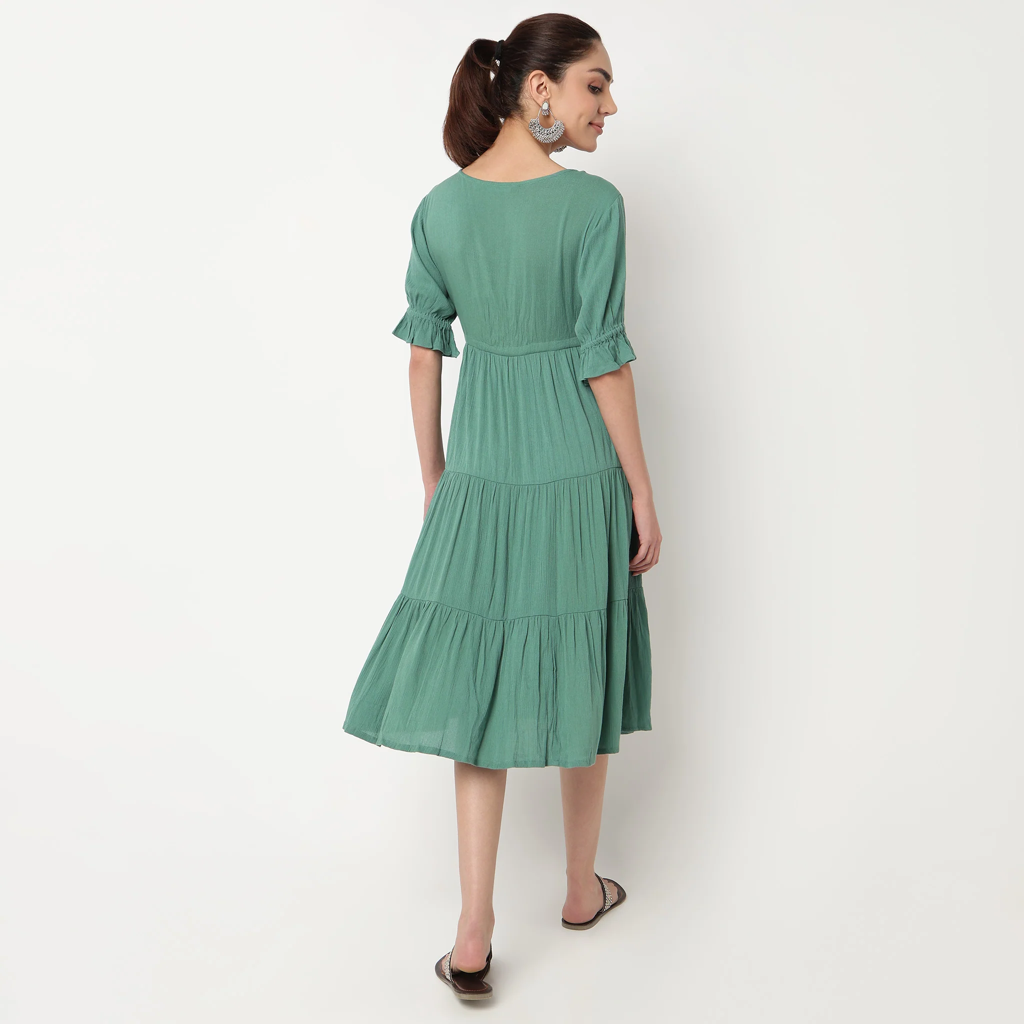 V-Neck Tiered Dress With Elbow Length Elasticated Sleeves - Image 3
