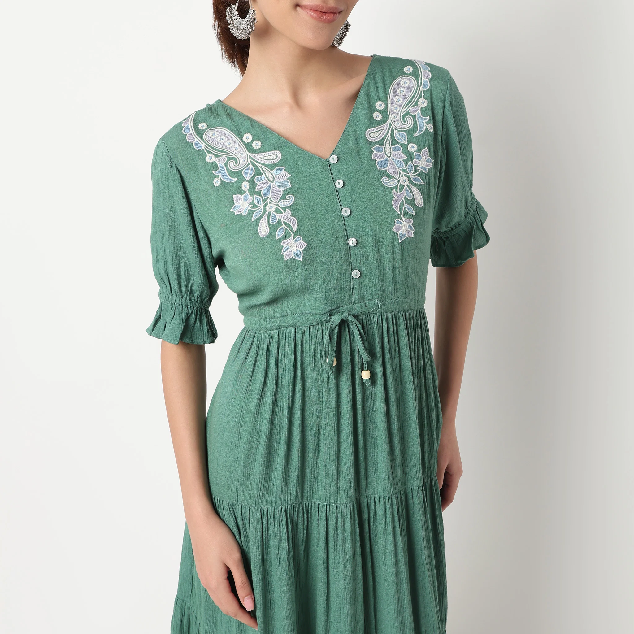 V-Neck Tiered Dress With Elbow Length Elasticated Sleeves - Image 4