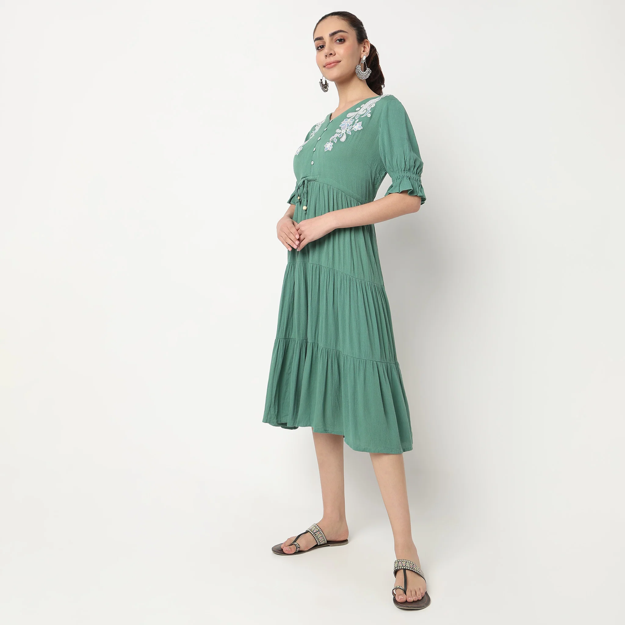 V-Neck Tiered Dress With Elbow Length Elasticated Sleeves - Image 5