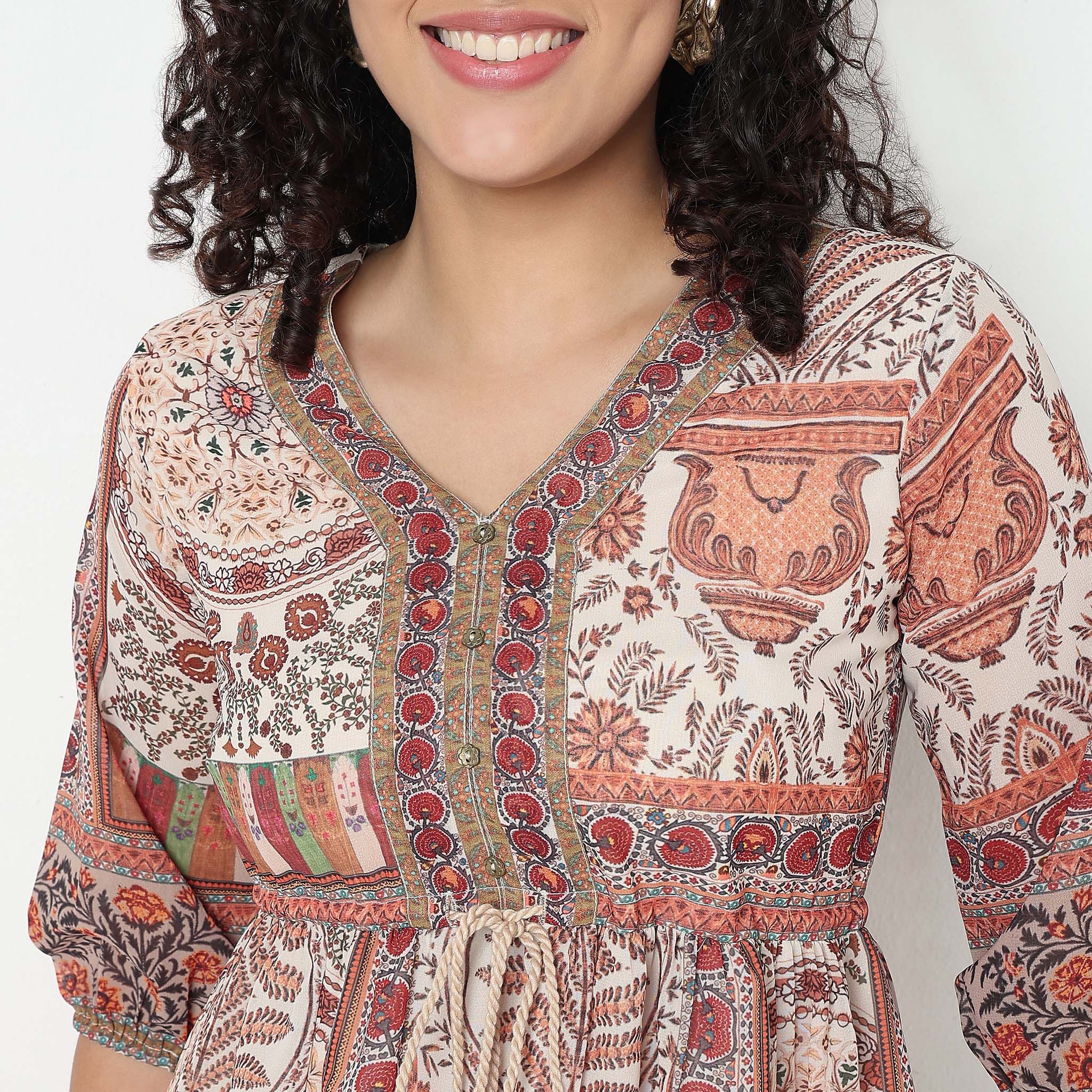 Printed Georgette V-Neck Tiered Dress - Image 4