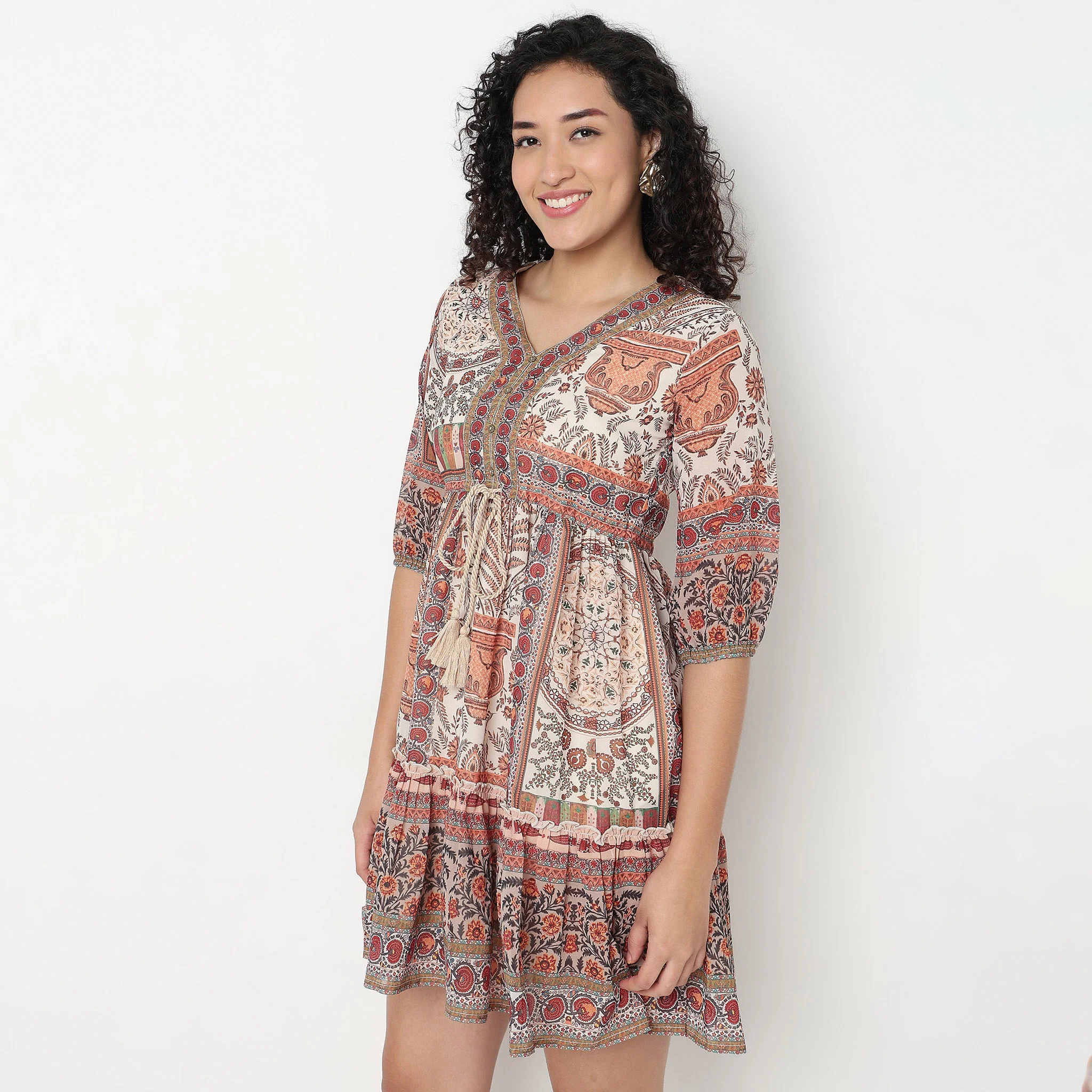 Printed Georgette V-Neck Tiered Dress - Image 5