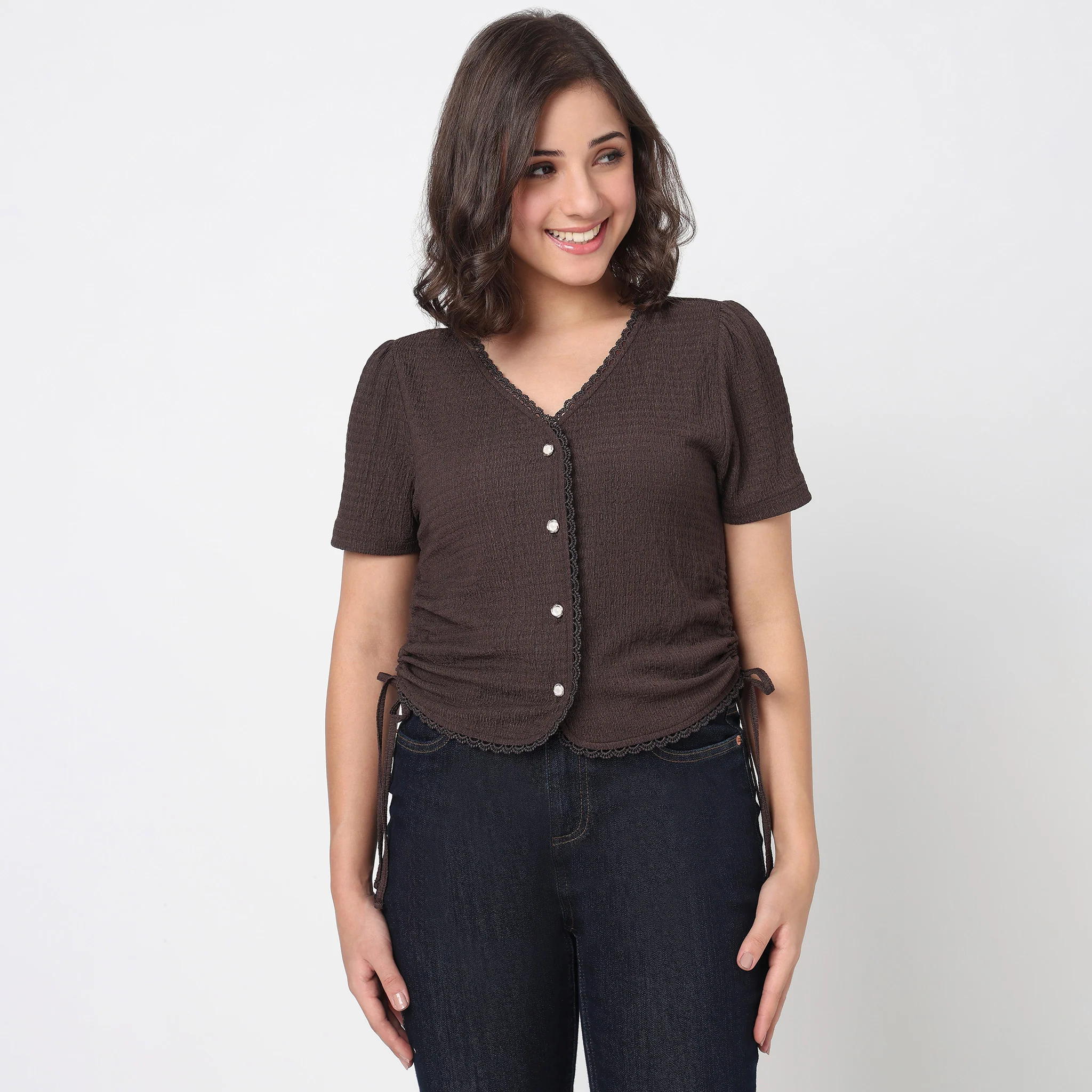 V-Neck Top With Front Button Opening And Side Ruching - Image 12