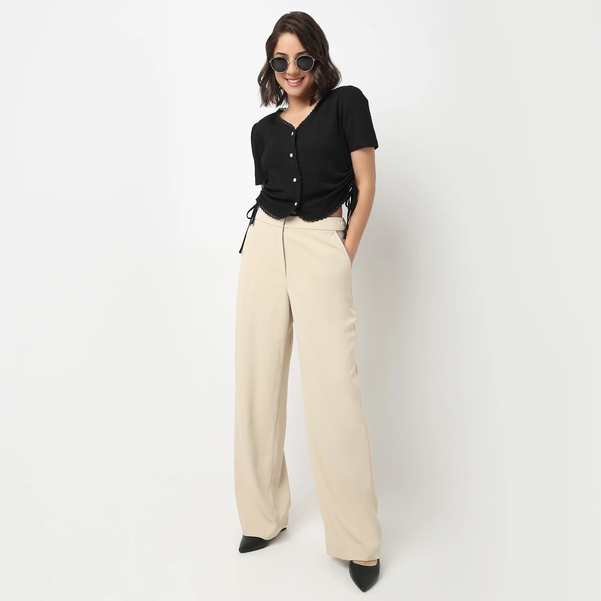 V-Neck Top With Front Button Opening And Side Ruching - Image 6