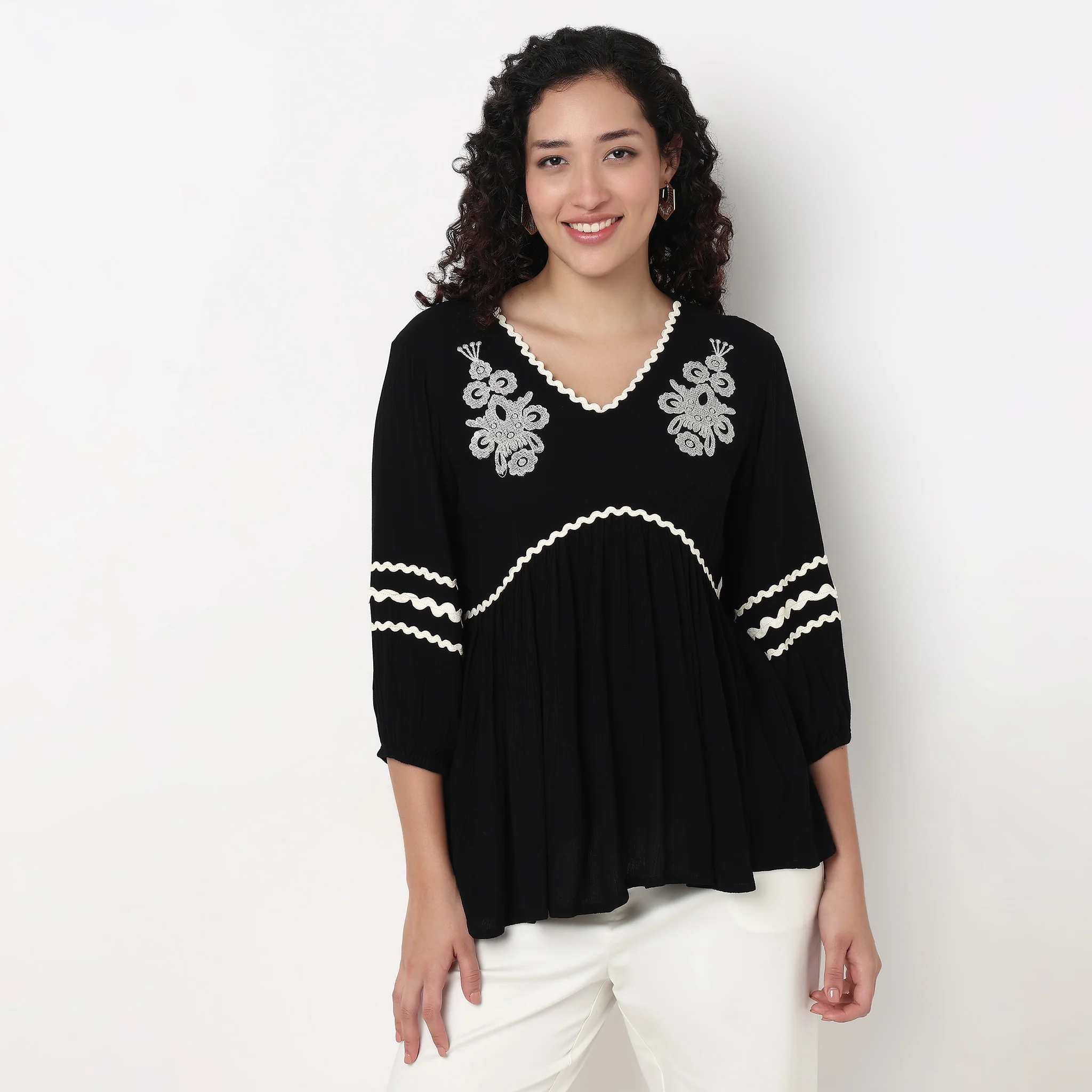V-Neck W Cut Embroidered Top - Image 3
