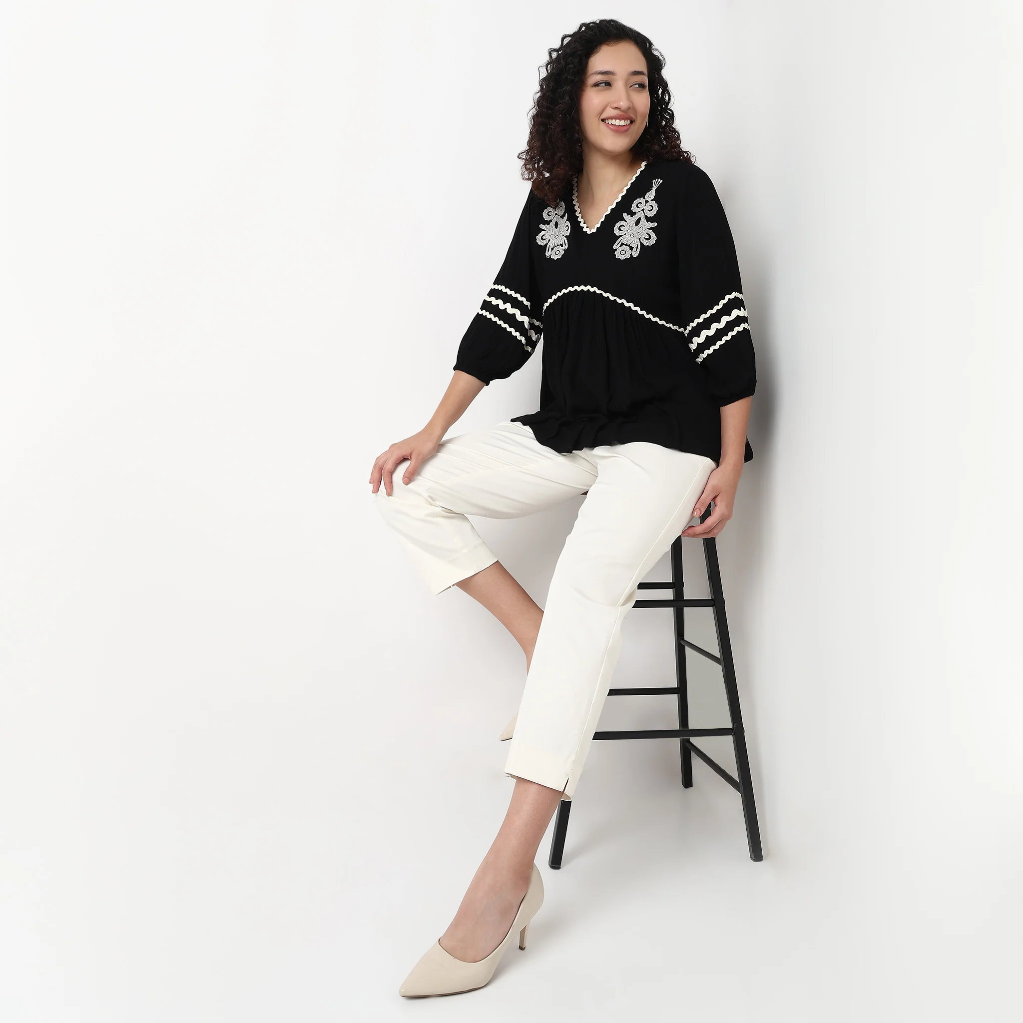 V-Neck W Cut Embroidered Top - Image 9