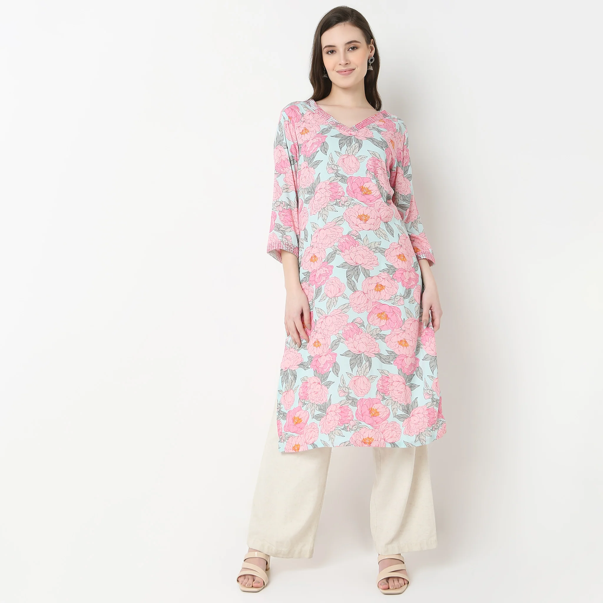 V-Neck With Couching Long Kurta - Image 2