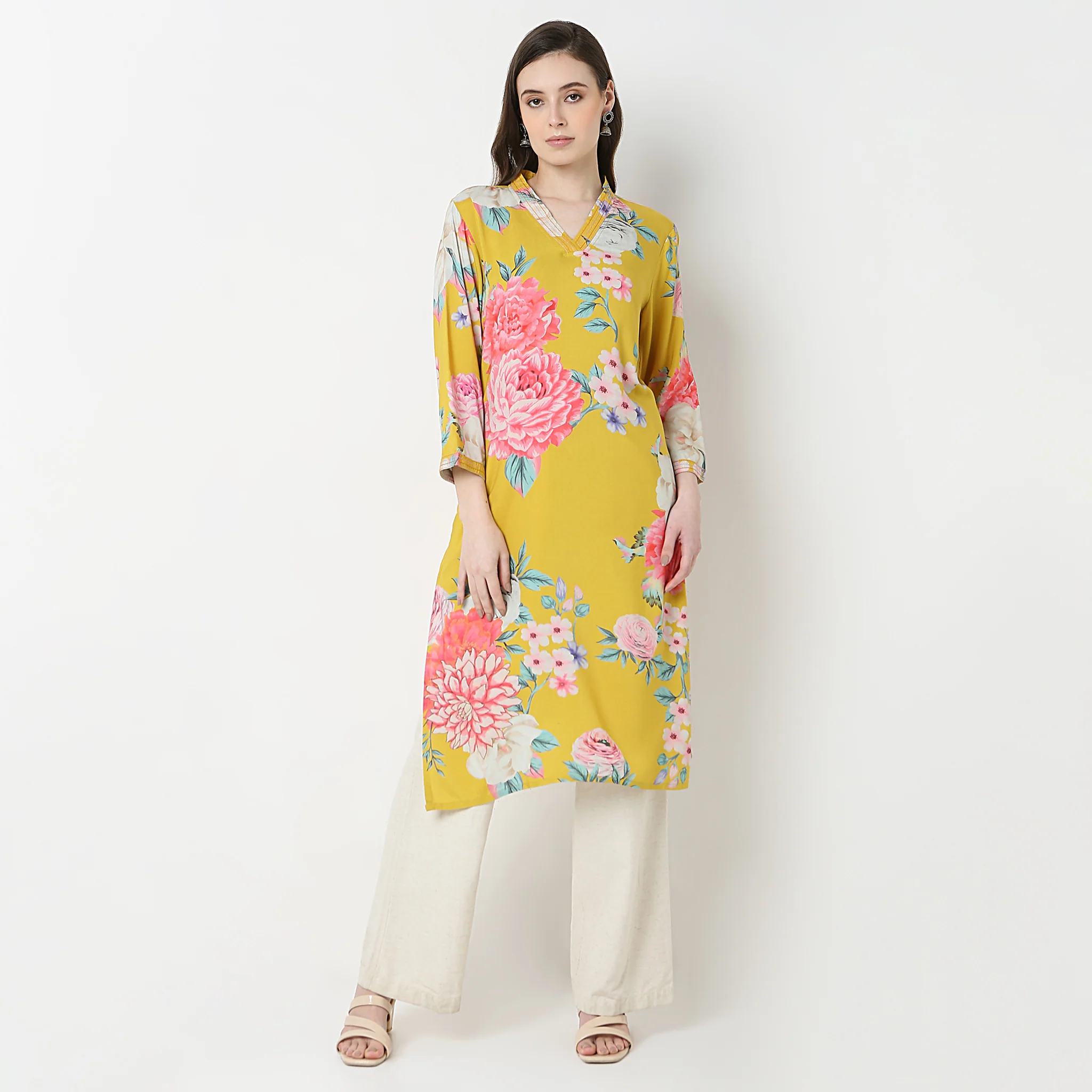 V-Neck With Couching Long Kurta - Image 2