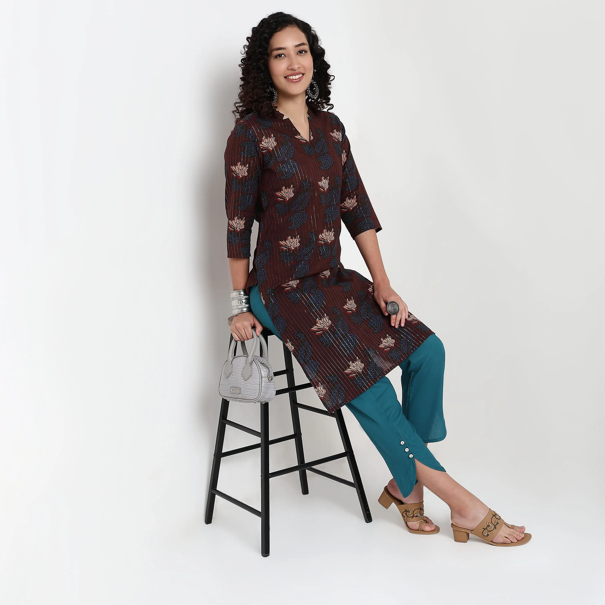 V-Neck With Notch Collar Floral Print Kurta