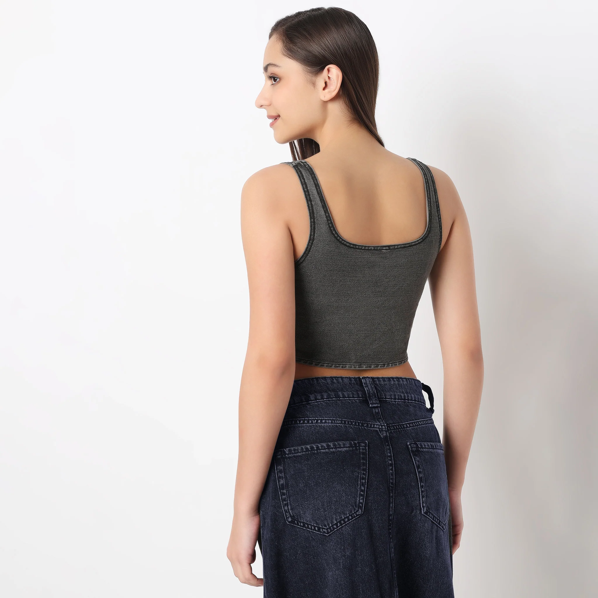 Versatile Print Denim Crop Top - Image 2