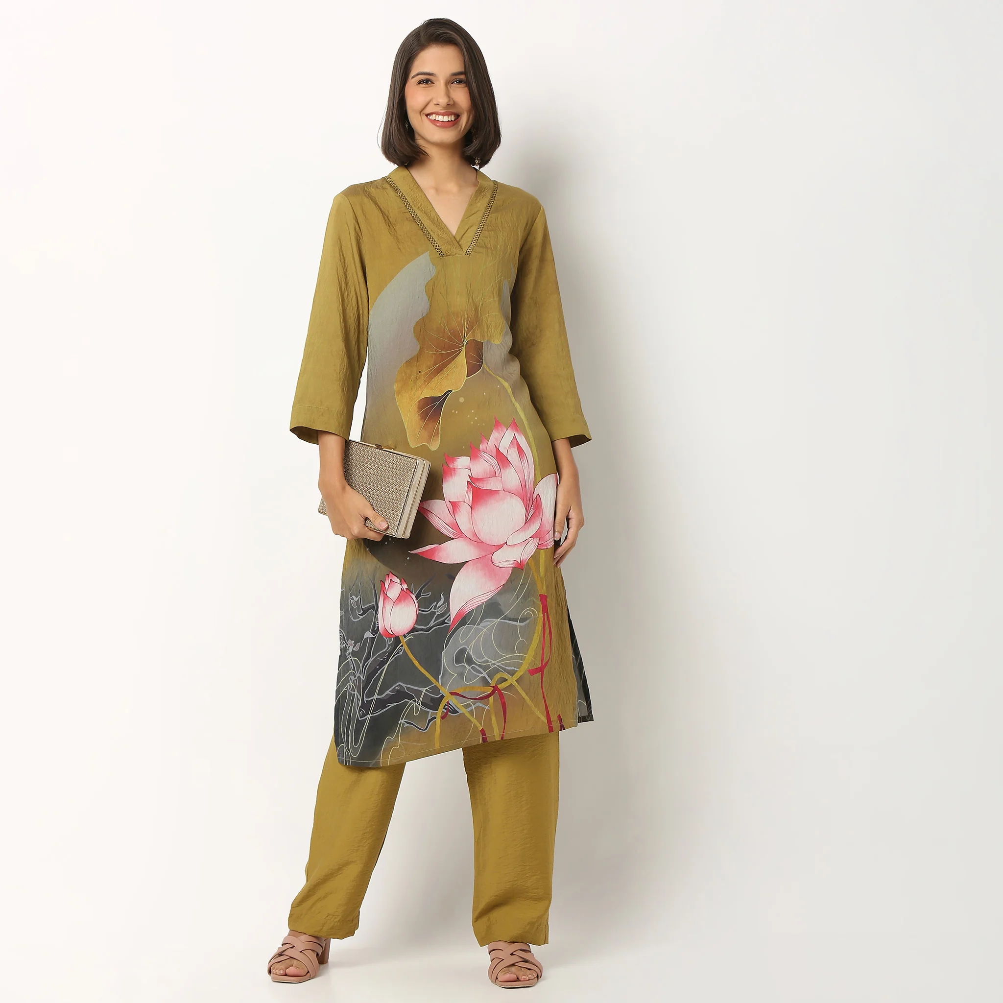 V-Neck Printed Kurta With Pant Set