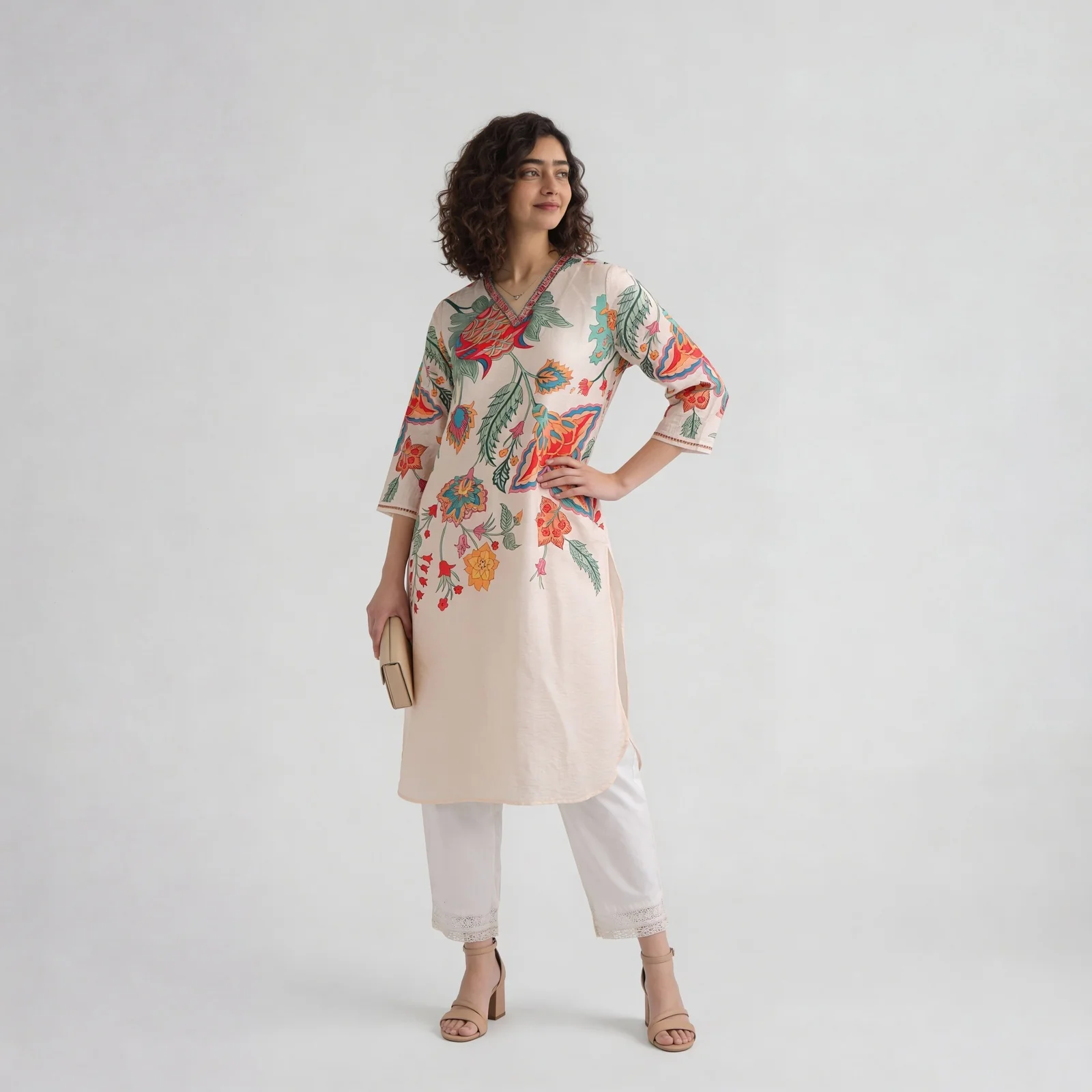 Floral V-Neck Long Kurta