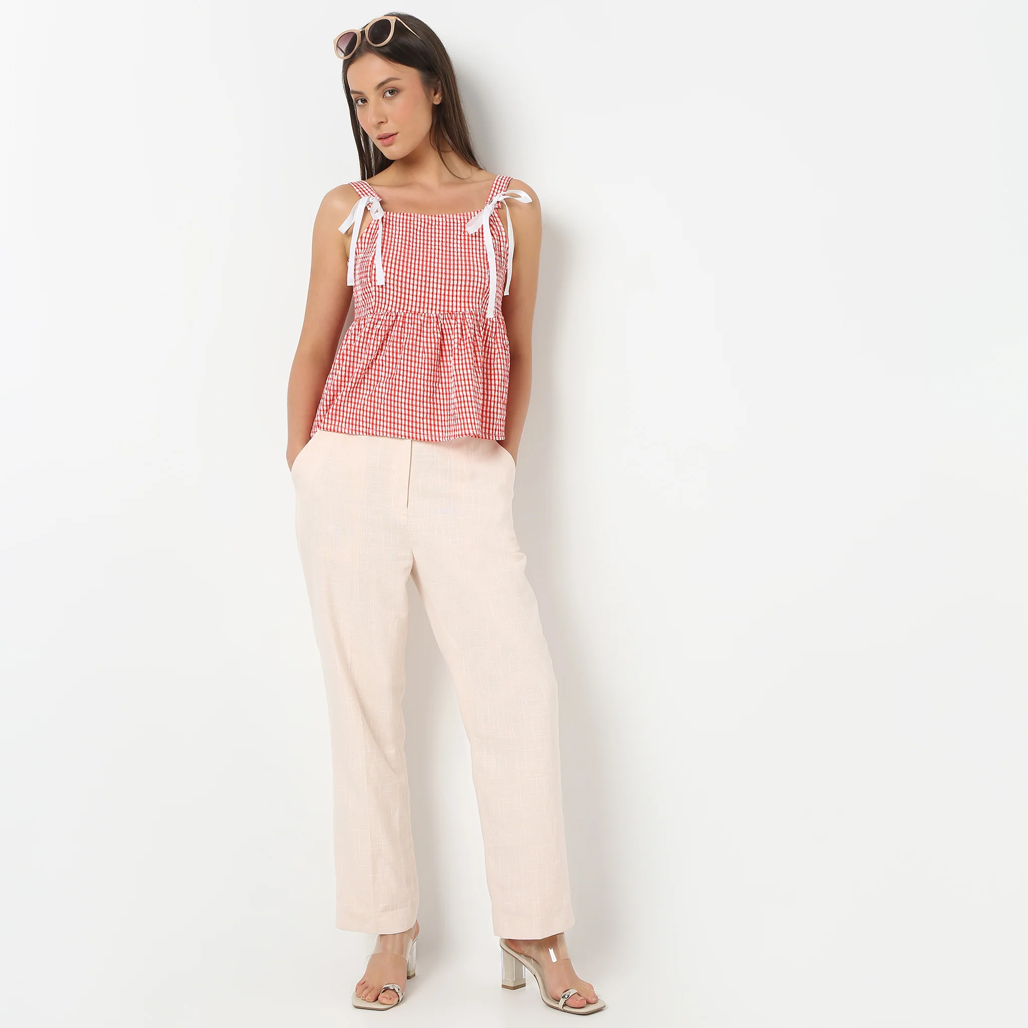 Square Neck Strapped Checkered Flare Fit Top