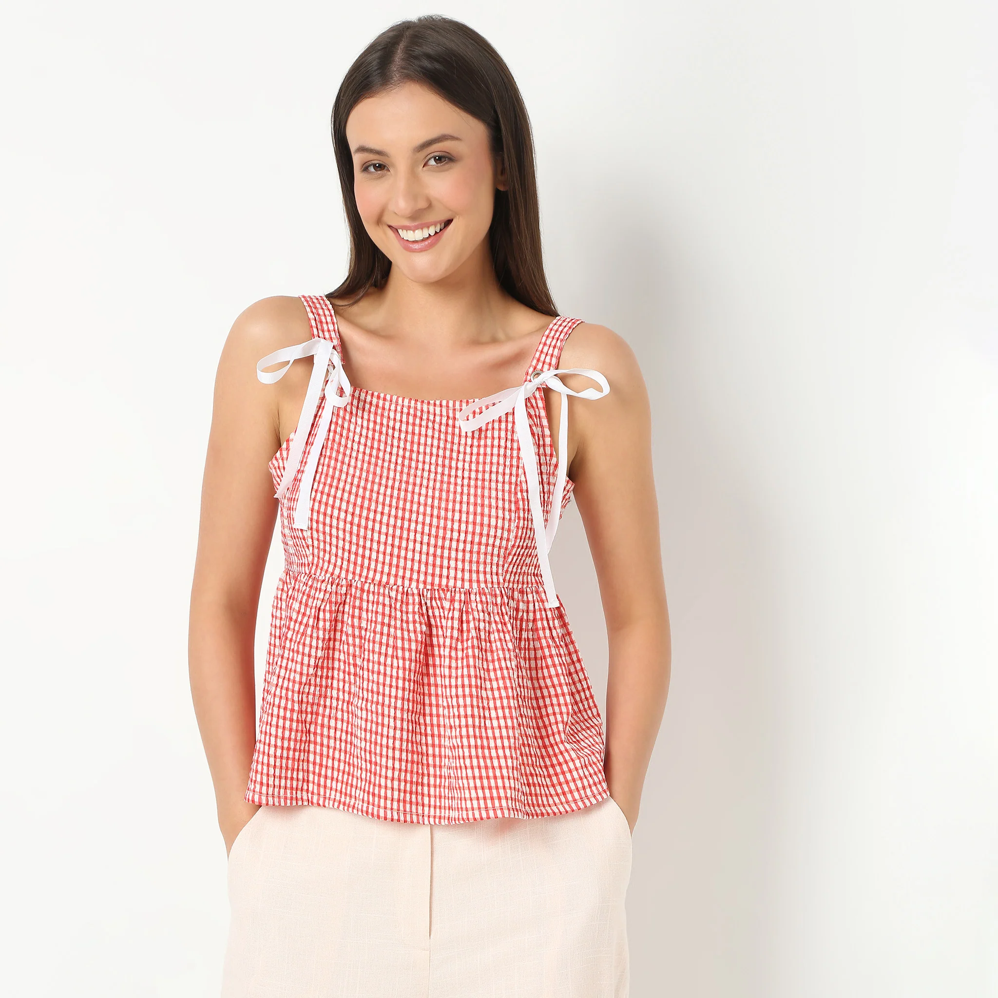 Square Neck Strapped Checkered Flare Fit Top - Image 2