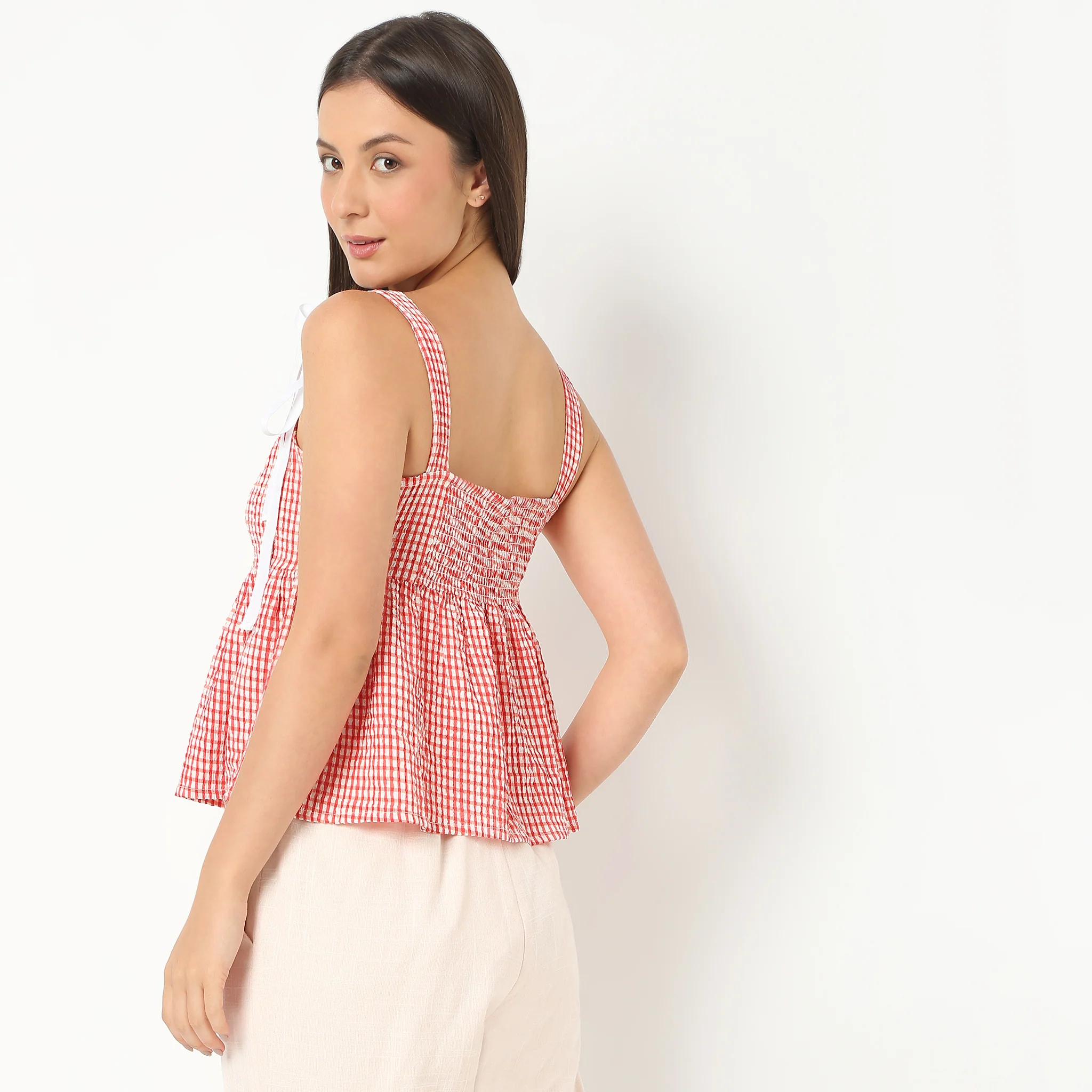 Square Neck Strapped Checkered Flare Fit Top - Image 3