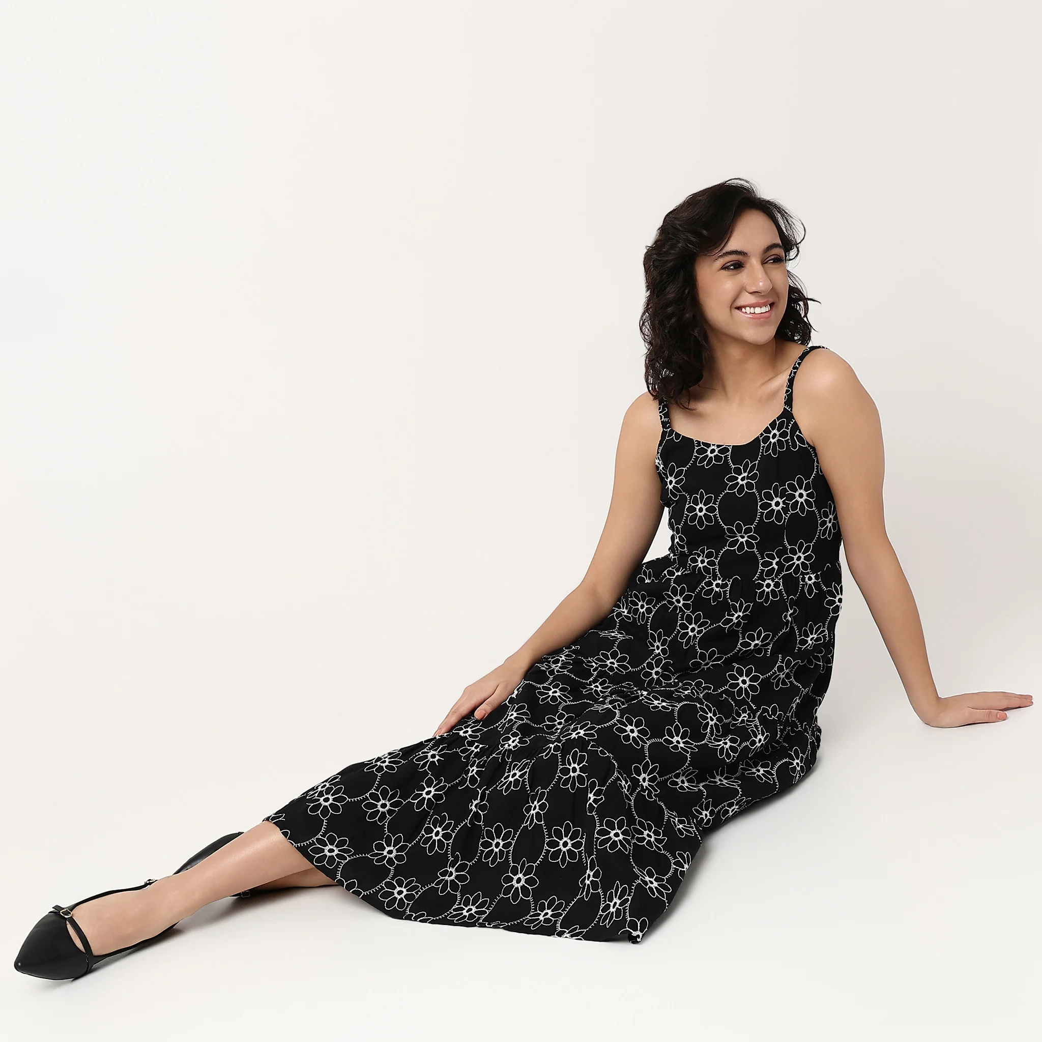 Embroidered U-Neck Flared Strapy Dress