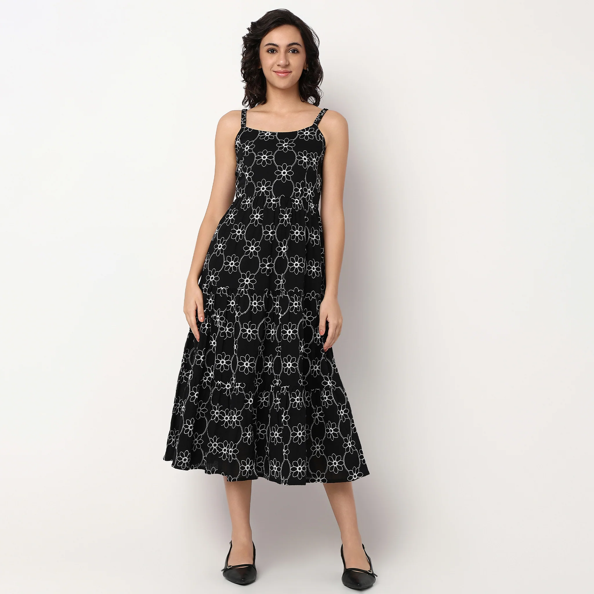 Embroidered U-Neck Flared Strapy Dress - Image 2