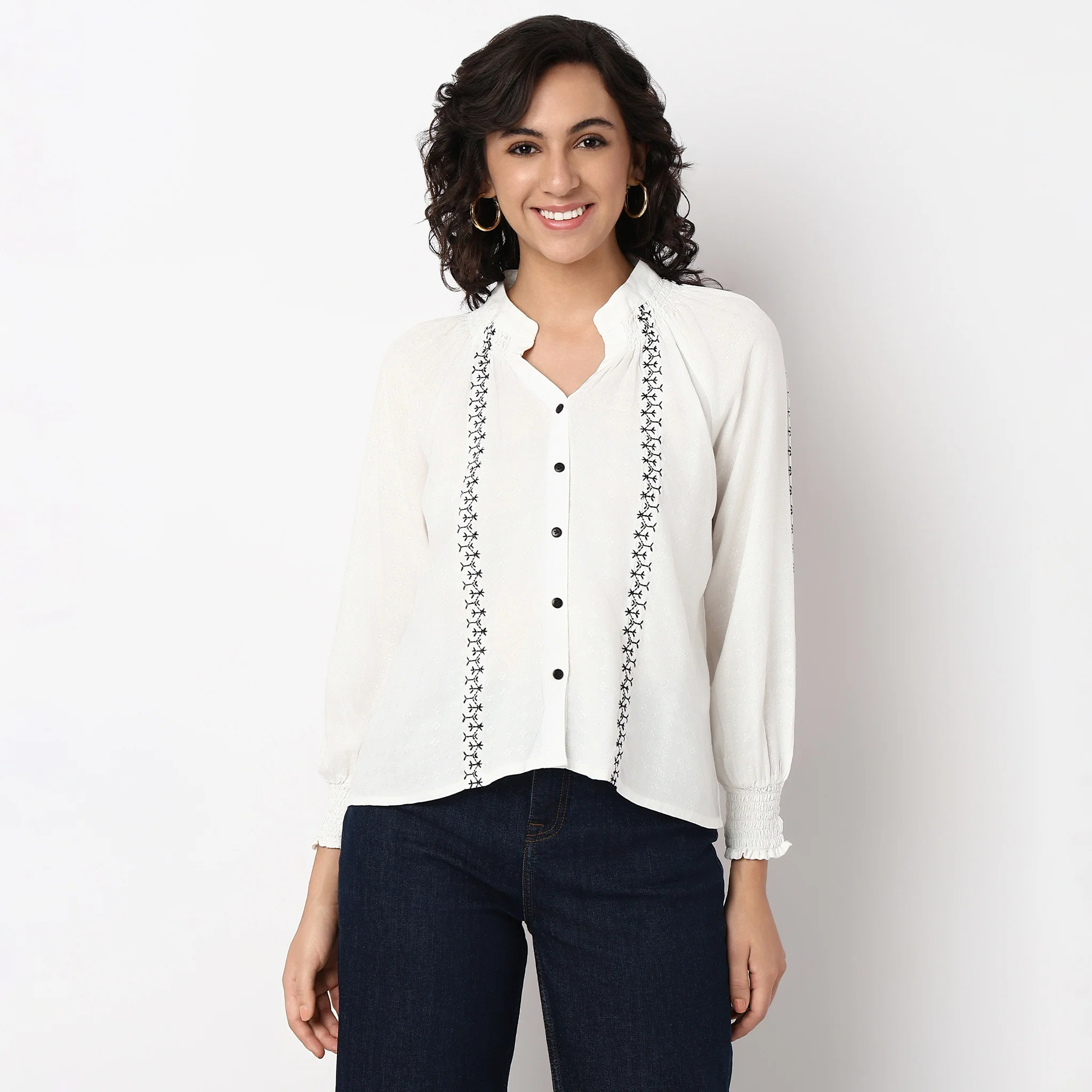 Embroidered V-Neck Full Sleeve Top - Image 2