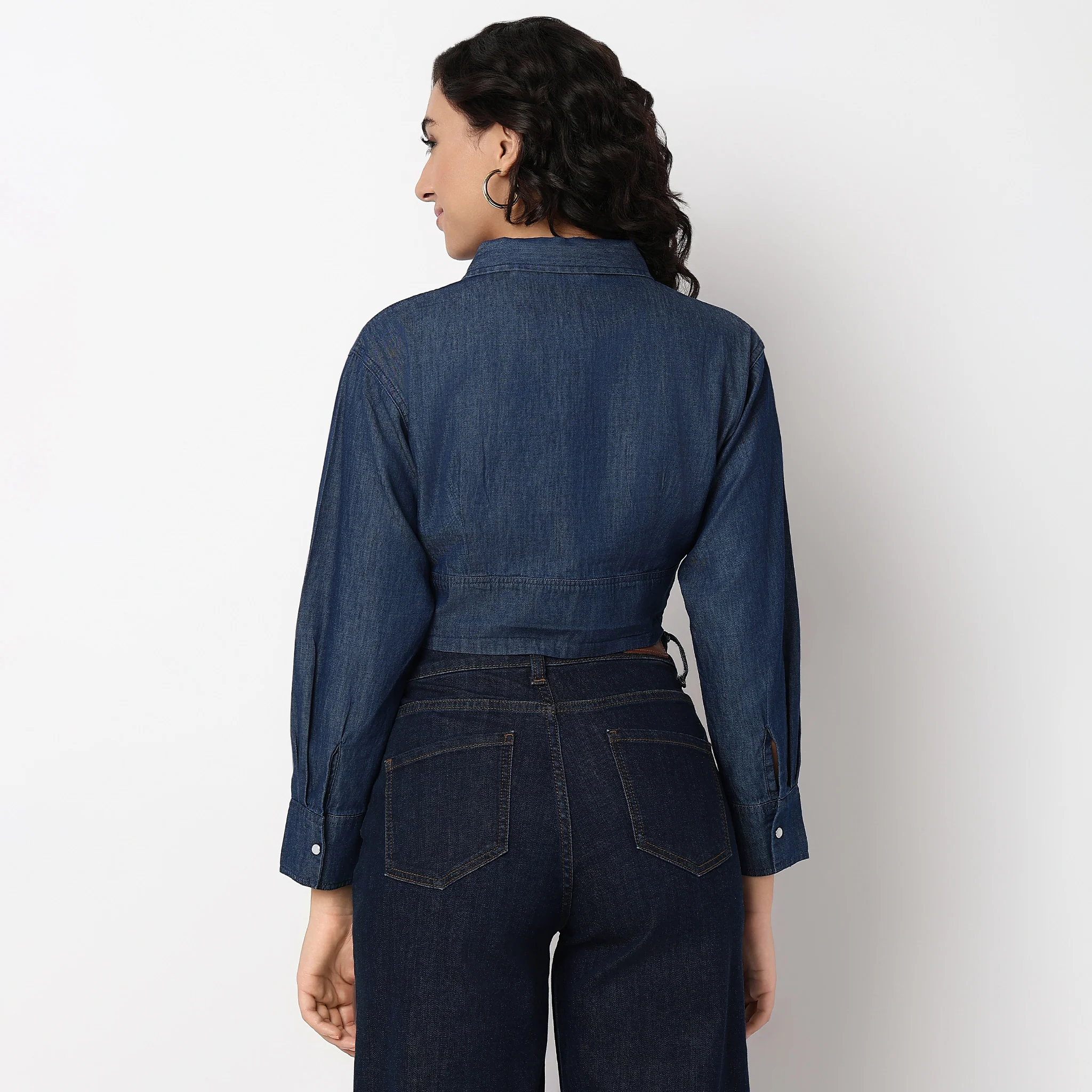 Cotton Cropped Denim Shirt - Image 3