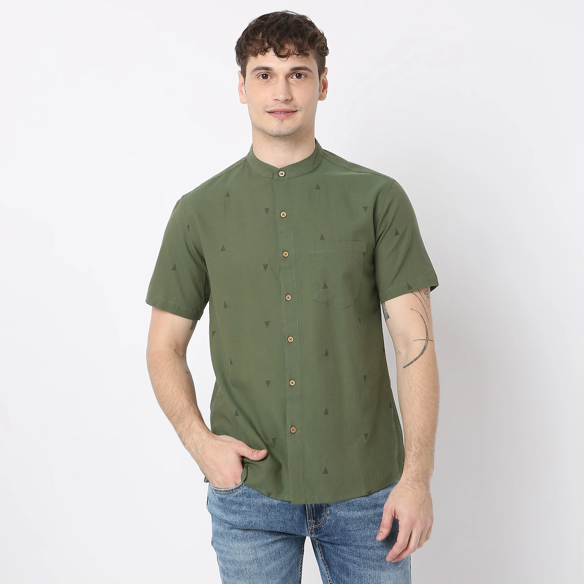 Yarn Dyed All Over Small Butti Print Mandarin Collar Half Sleeve Shirt - Image 2