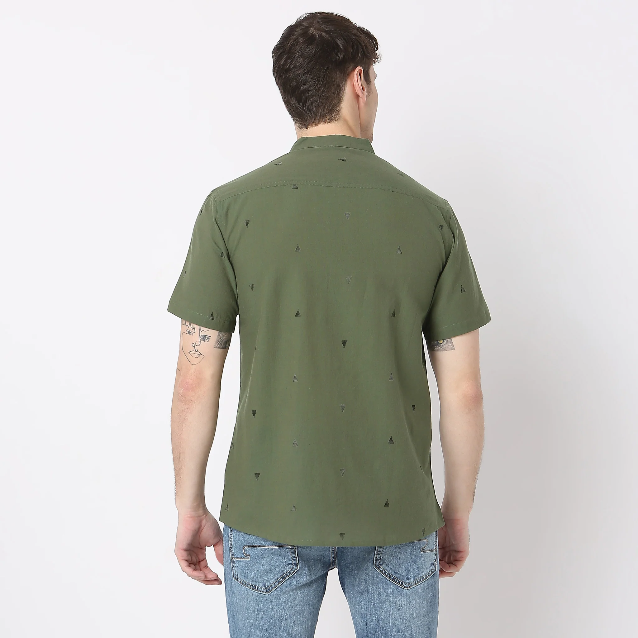 Yarn Dyed All Over Small Butti Print Mandarin Collar Half Sleeve Shirt - Image 3