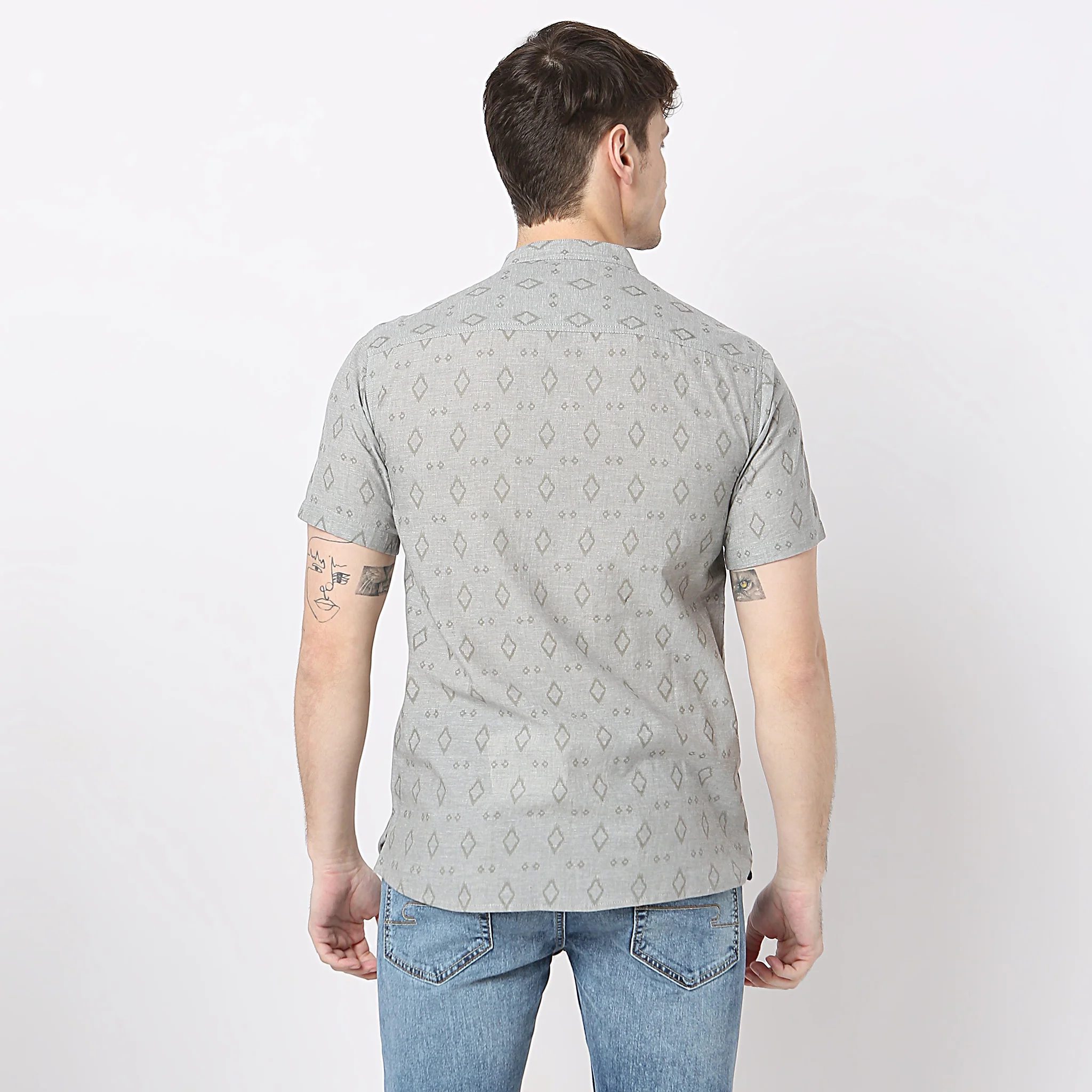 Yarn Dyed Printed Mandarin Collar Half Sleeve Shirt - Image 3