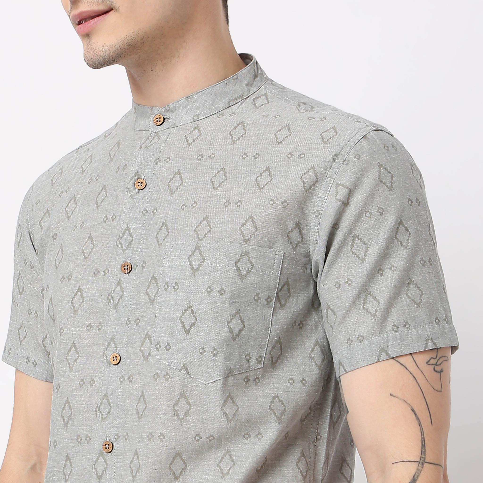 Yarn Dyed Printed Mandarin Collar Half Sleeve Shirt - Image 4