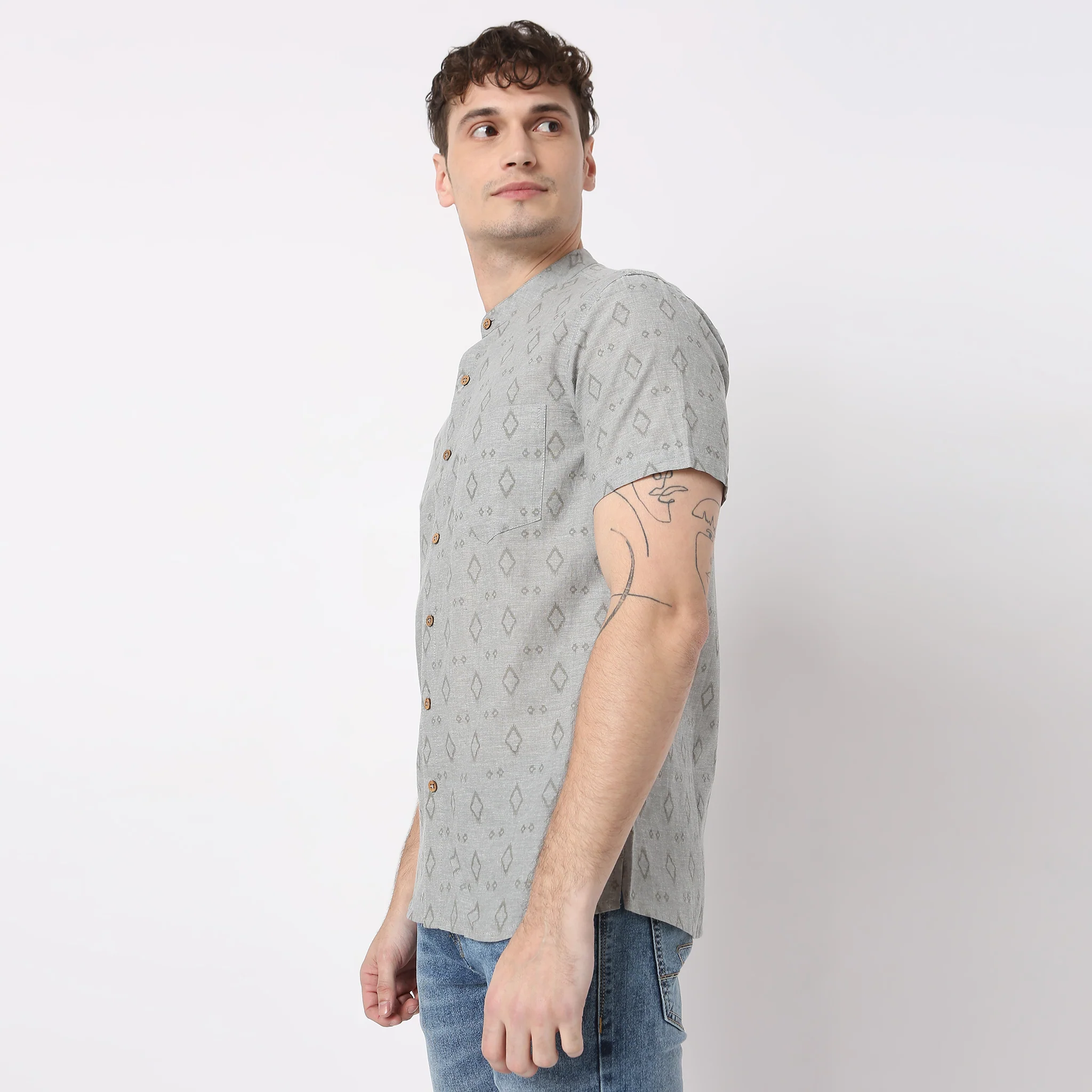 Yarn Dyed Printed Mandarin Collar Half Sleeve Shirt - Image 5